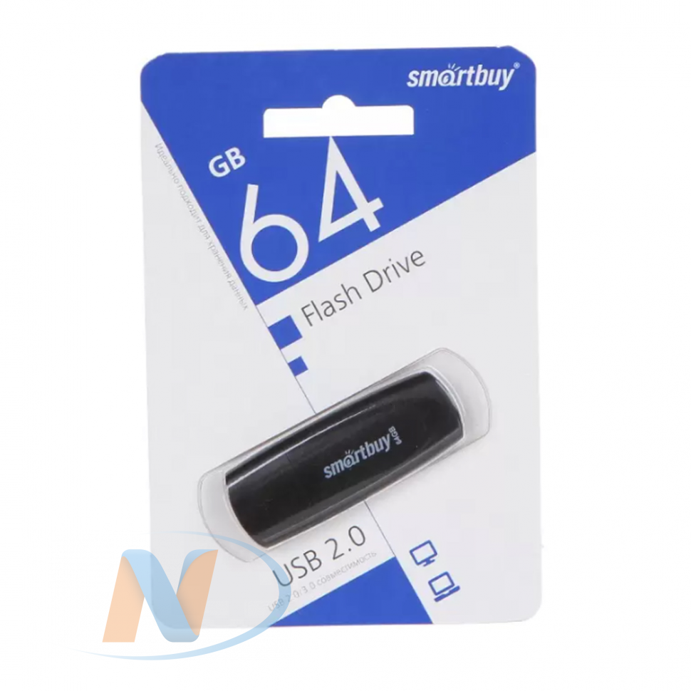 Флешка (Flash-drive) USB 2.0, 64GB, SmartBuy Scout, 15/5 Мб/с, пластик, черная
