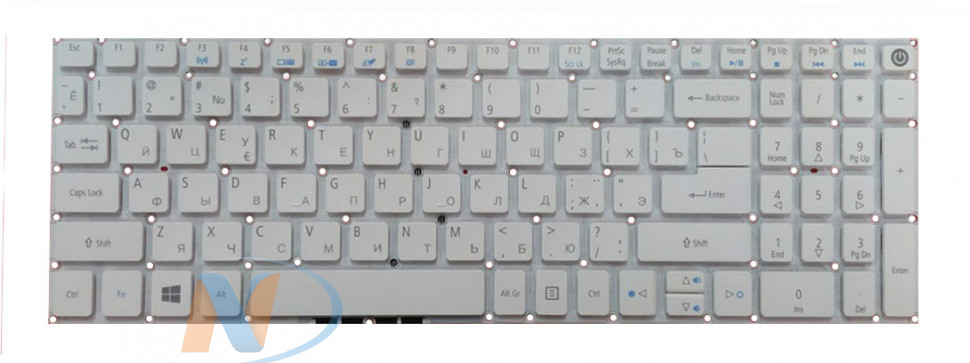 Клавиатура для Acer V3-574, E5-522, E5-573, A715-71, A515, A315-51 белая без рамки P/N: NSK-R37SQ 0R, NSK-R3KBW 0R